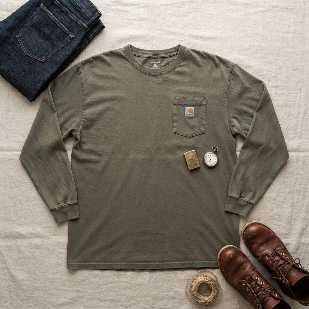 Carhartt Mens 2XL Long Sleeve Pocket T-Shirt Olive Green Cotton K126 Workwear